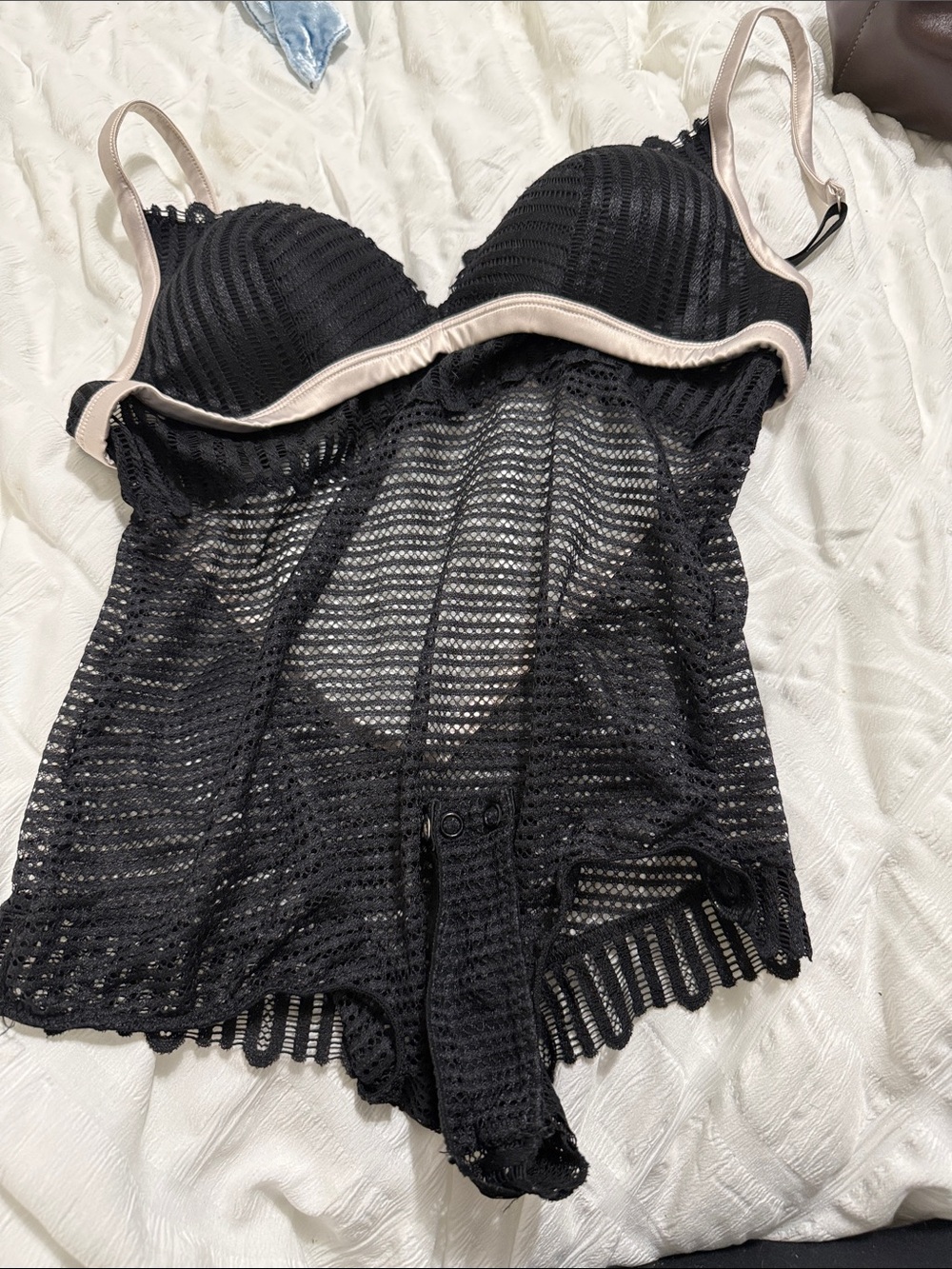 intimissimi Black Lace Mesh Bodysuit with Nude Trim